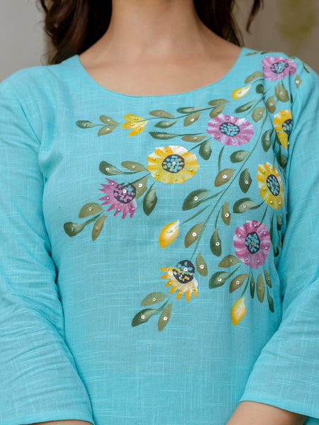EthniFlair Floral Printed Aari Work Kurta with Pyjamas & Dupatta
