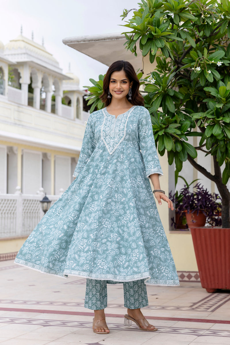 EthniFlair Floral Printed Anarkali Kurta with Trousers & Dupatta