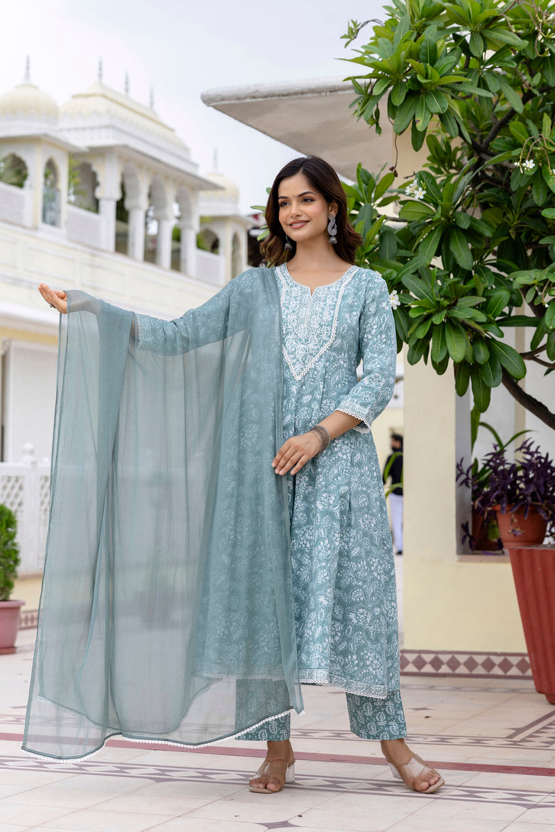 EthniFlair Floral Printed Anarkali Kurta with Trousers & Dupatta