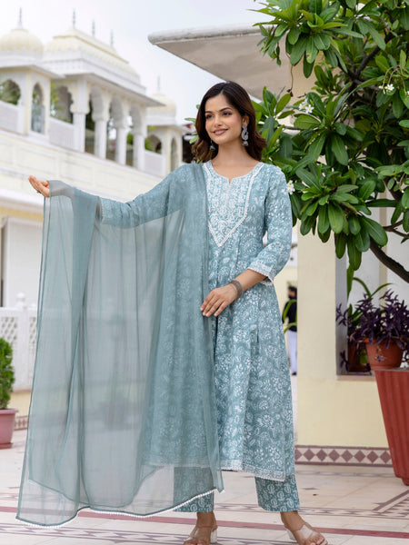 EthniFlair Floral Printed Anarkali Kurta with Trousers & Dupatta