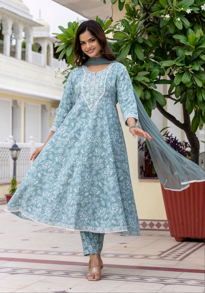 EthniFlair Floral Printed Anarkali Kurta with Trousers & Dupatta