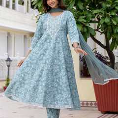EthniFlair Floral Printed Anarkali Kurta with Trousers & Dupatta