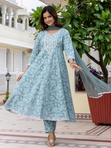 EthniFlair Floral Printed Anarkali Kurta with Trousers & Dupatta