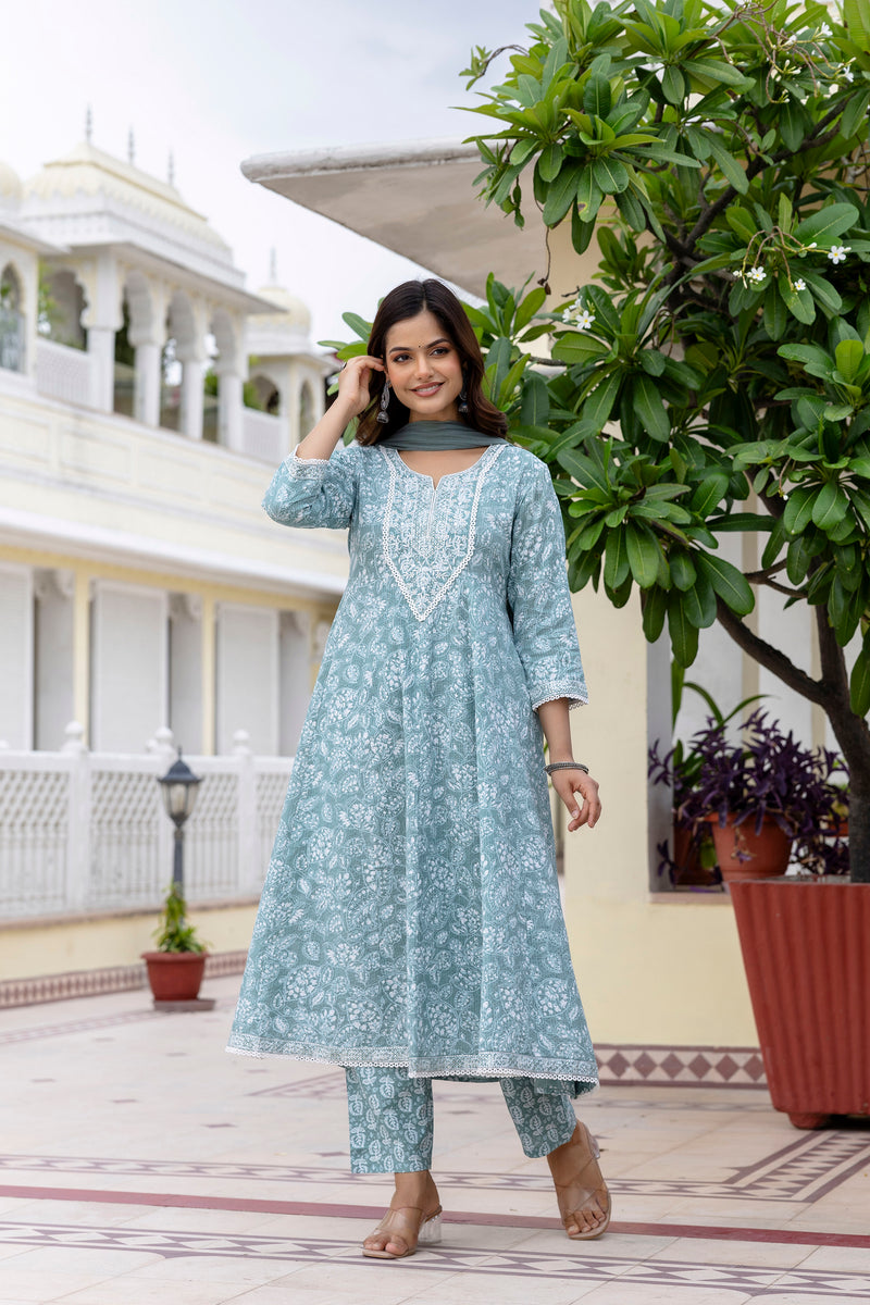 EthniFlair Floral Printed Anarkali Kurta with Trousers & Dupatta