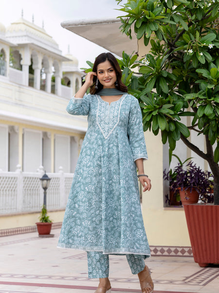 EthniFlair Floral Printed Anarkali Kurta with Trousers & Dupatta