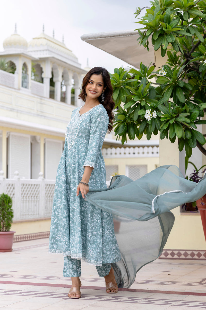 EthniFlair Floral Printed Anarkali Kurta with Trousers & Dupatta