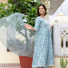EthniFlair Floral Printed Anarkali Kurta with Trousers & Dupatta