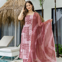 EthniFlair Ethnic Motifs Printed Silk Straight Kurta With Palazzos & Dupatta