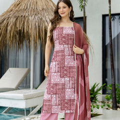 EthniFlair Ethnic Motifs Printed Silk Straight Kurta With Palazzos & Dupatta