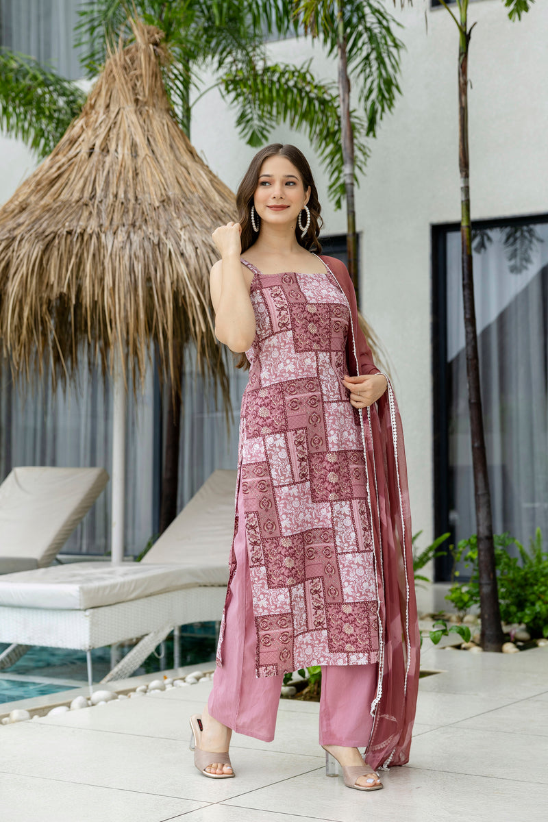 EthniFlair Ethnic Motifs Printed Silk Straight Kurta With Palazzos & Dupatta