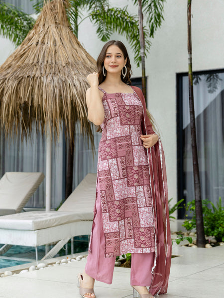 EthniFlair Ethnic Motifs Printed Silk Straight Kurta With Palazzos & Dupatta