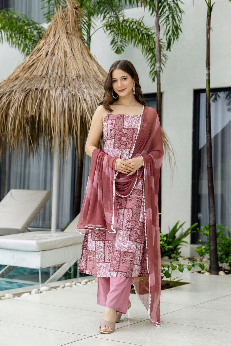 EthniFlair Ethnic Motifs Printed Silk Straight Kurta With Palazzos & Dupatta