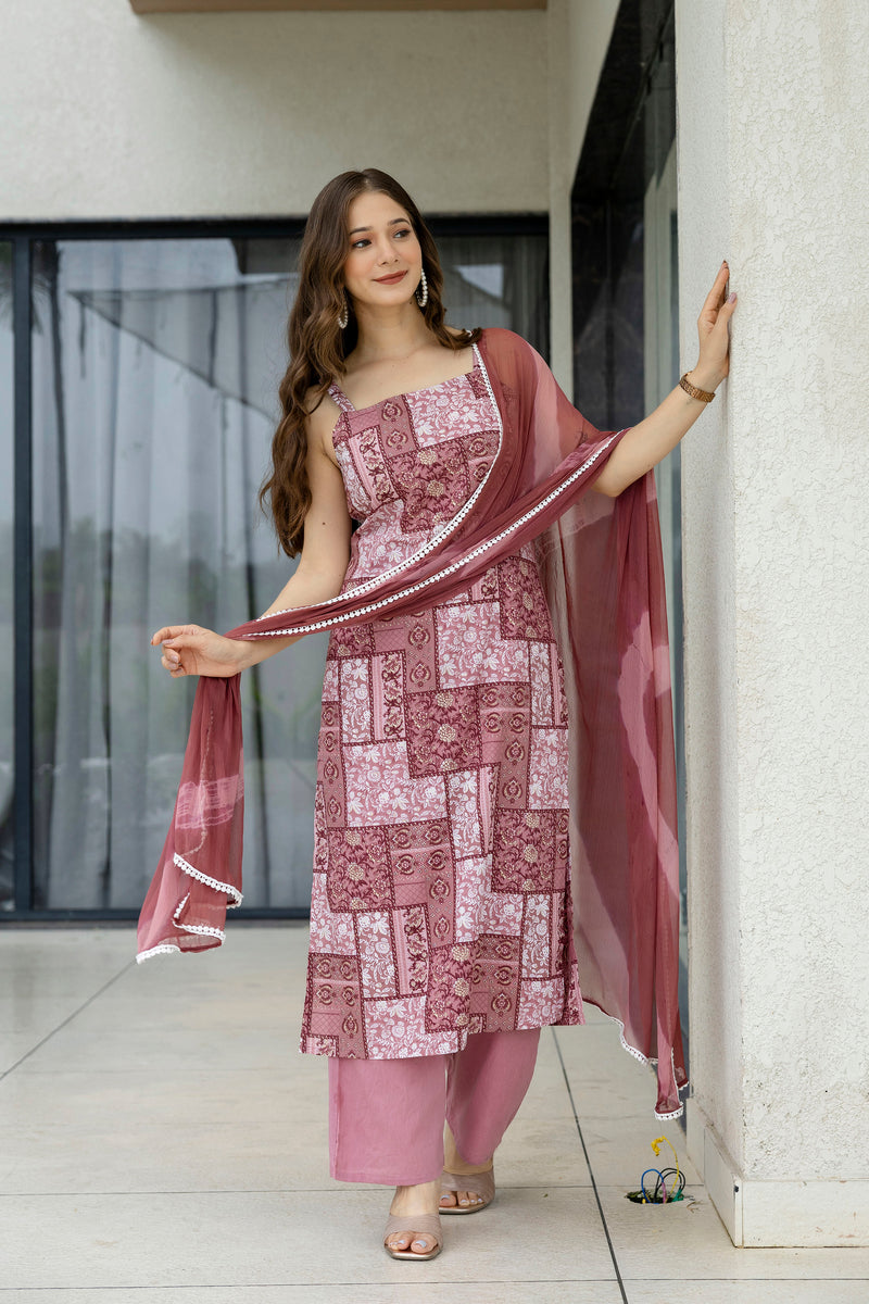 EthniFlair Ethnic Motifs Printed Silk Straight Kurta With Palazzos & Dupatta