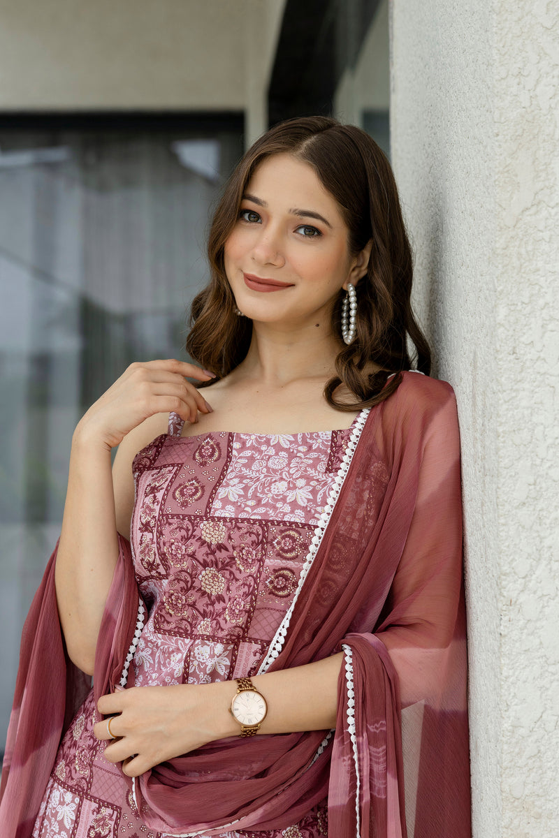 EthniFlair Ethnic Motifs Printed Silk Straight Kurta With Palazzos & Dupatta