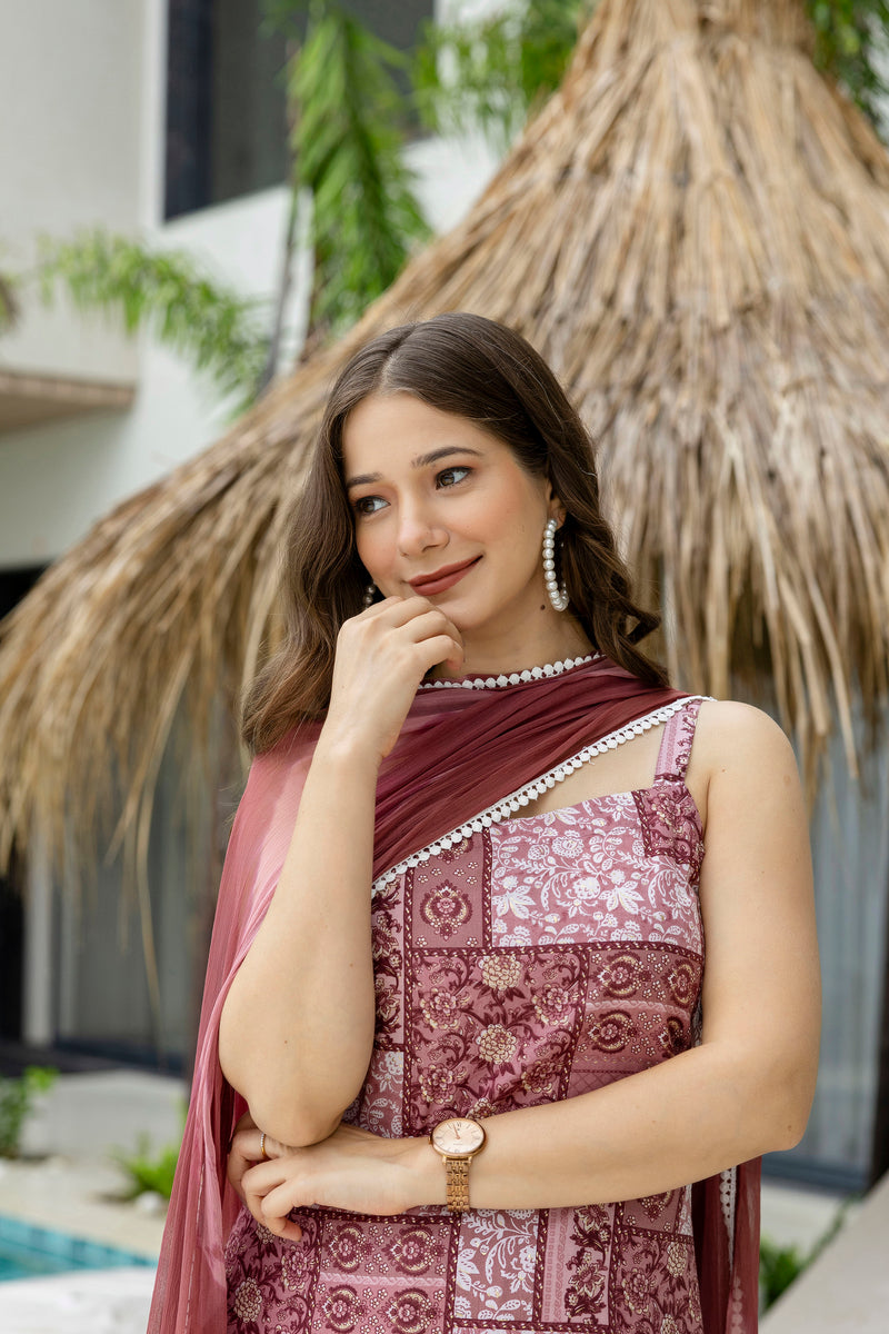 EthniFlair Ethnic Motifs Printed Silk Straight Kurta With Palazzos & Dupatta