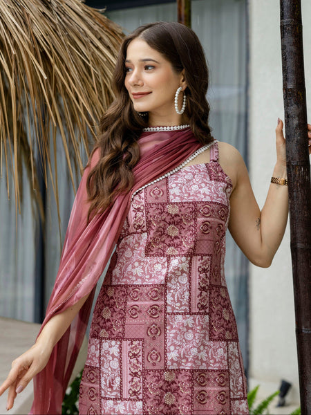 EthniFlair Ethnic Motifs Printed Silk Straight Kurta With Palazzos & Dupatta