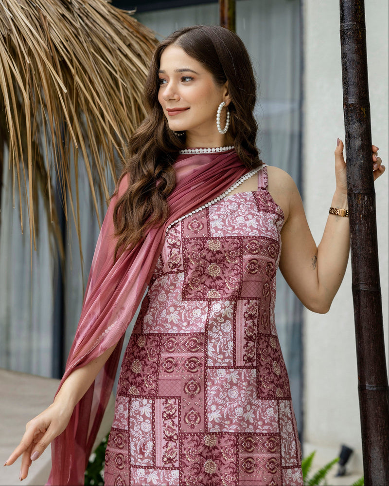 EthniFlair Ethnic Motifs Printed Silk Straight Kurta With Palazzos & Dupatta