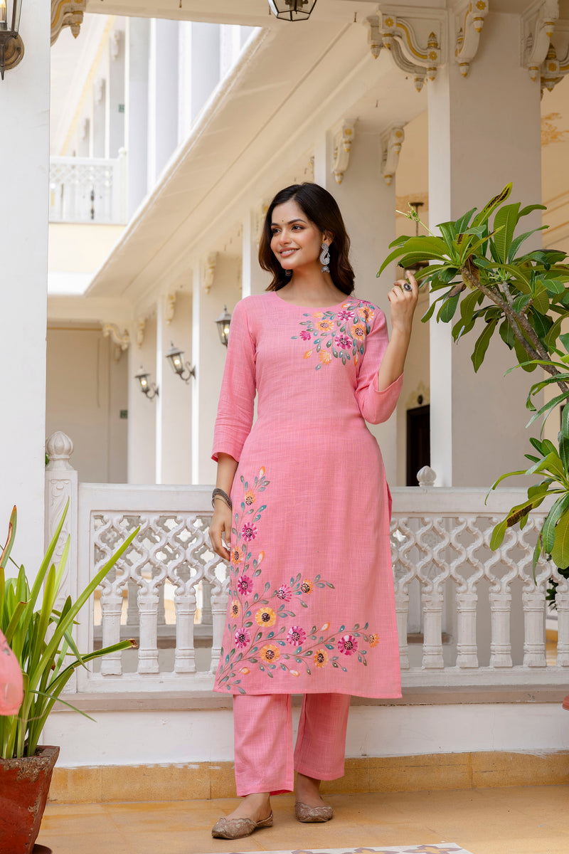 EthniFlair Floral Printed Aari Work Kurta with Pyjamas & Dupatta