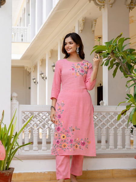 EthniFlair Floral Printed Aari Work Kurta with Pyjamas & Dupatta