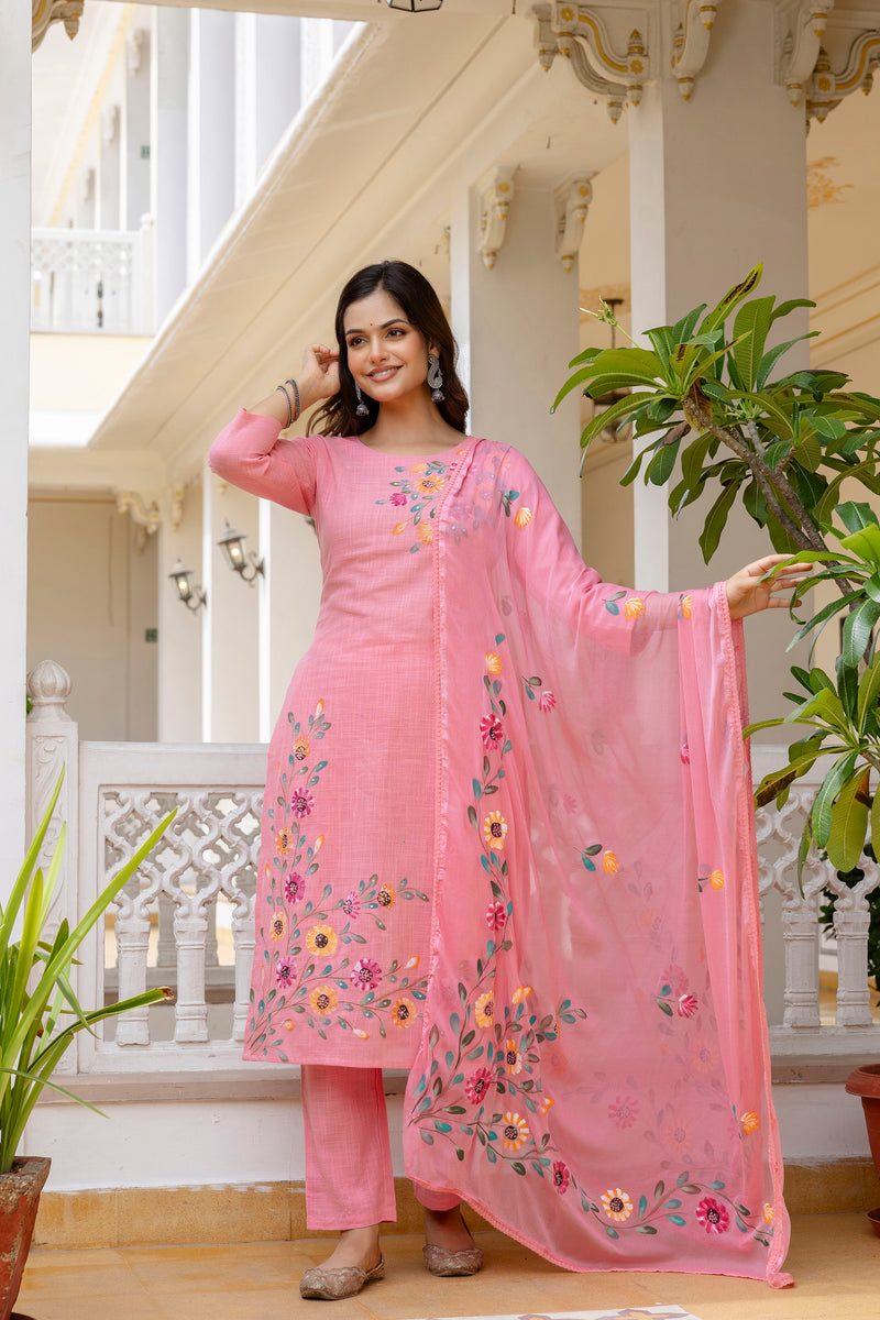 EthniFlair Floral Printed Aari Work Kurta with Pyjamas & Dupatta