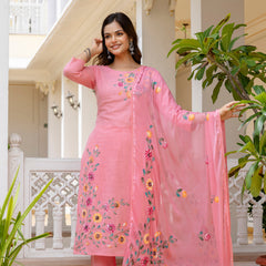 EthniFlair Floral Printed Aari Work Kurta with Pyjamas & Dupatta