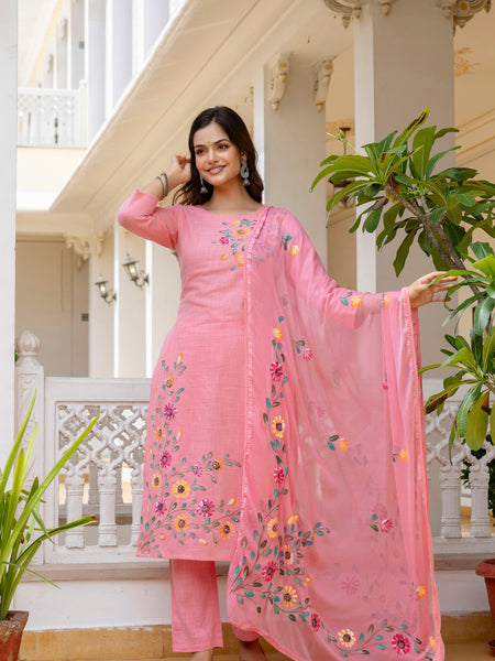 EthniFlair Floral Printed Aari Work Kurta with Pyjamas & Dupatta