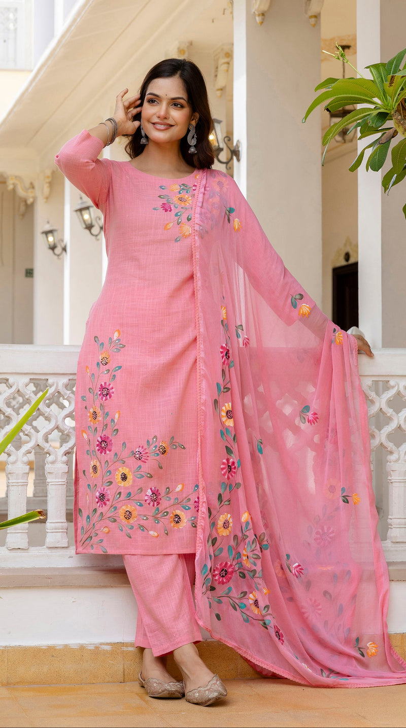 EthniFlair Floral Printed Aari Work Kurta with Pyjamas & Dupatta