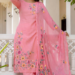 EthniFlair Floral Printed Aari Work Kurta with Pyjamas & Dupatta