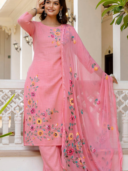 EthniFlair Floral Printed Aari Work Kurta with Pyjamas & Dupatta