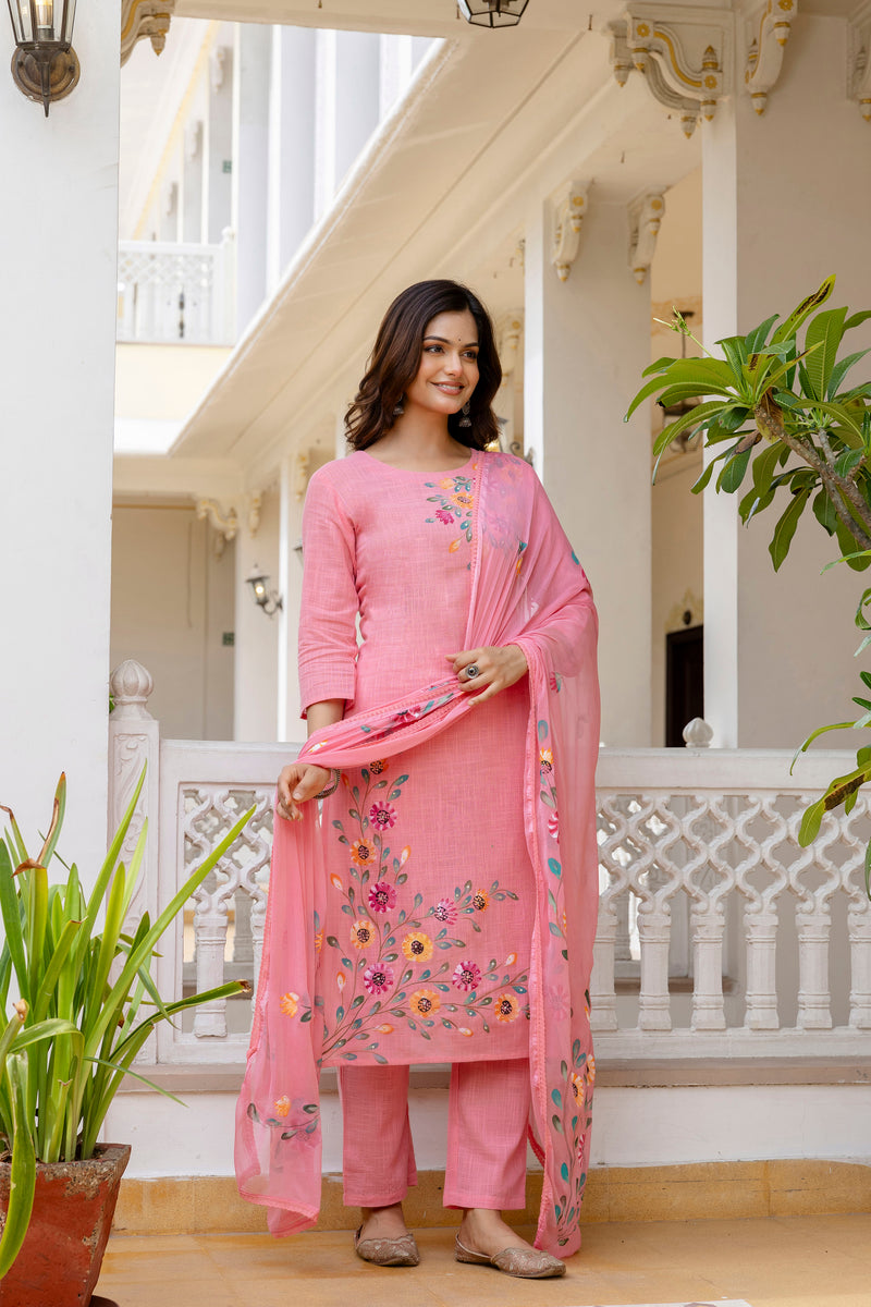 EthniFlair Floral Printed Aari Work Kurta with Pyjamas & Dupatta