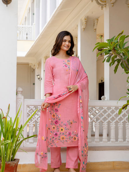 EthniFlair Floral Printed Aari Work Kurta with Pyjamas & Dupatta