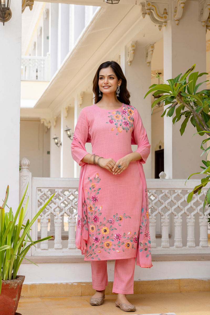 EthniFlair Floral Printed Aari Work Kurta with Pyjamas & Dupatta