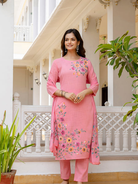 EthniFlair Floral Printed Aari Work Kurta with Pyjamas & Dupatta