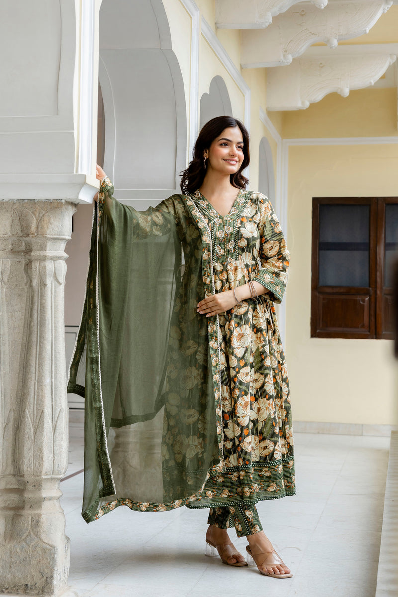 EthniFlair Floral Printed V-Neck A-Line Kurta & Trousers With Dupatta