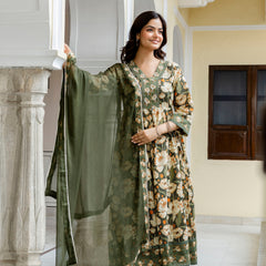 EthniFlair Floral Printed V-Neck A-Line Kurta & Trousers With Dupatta