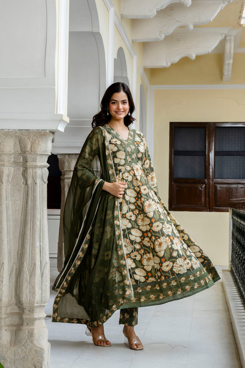 EthniFlair Floral Printed V-Neck A-Line Kurta & Trousers With Dupatta
