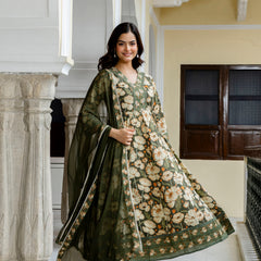 EthniFlair Floral Printed V-Neck A-Line Kurta & Trousers With Dupatta