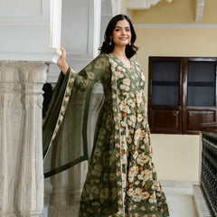 EthniFlair Floral Printed V-Neck A-Line Kurta & Trousers With Dupatta