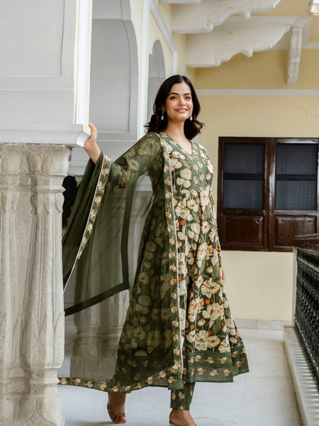 EthniFlair Floral Printed V-Neck A-Line Kurta & Trousers With Dupatta