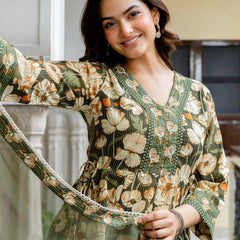 EthniFlair Floral Printed V-Neck A-Line Kurta & Trousers With Dupatta