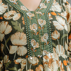 EthniFlair Floral Printed V-Neck A-Line Kurta & Trousers With Dupatta