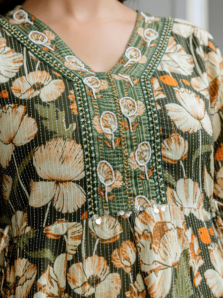 EthniFlair Floral Printed V-Neck A-Line Kurta & Trousers With Dupatta