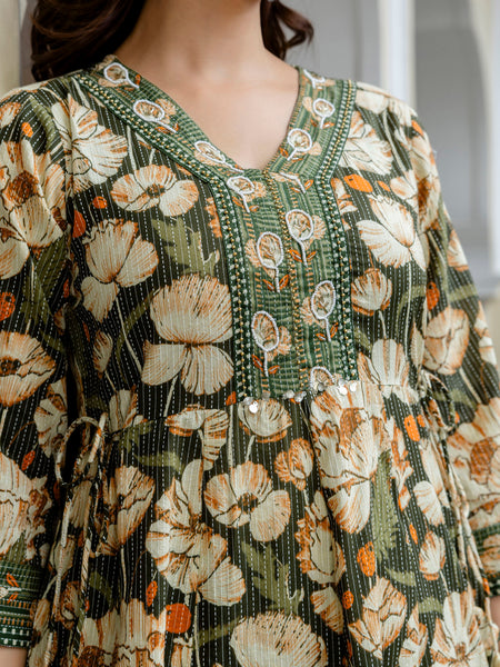 EthniFlair Floral Printed V-Neck A-Line Kurta & Trousers With Dupatta