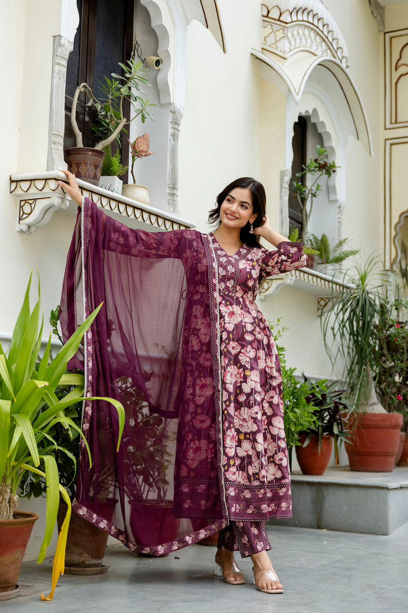 EthniFlair Floral Embroidered Anarkali Kurta with Pyjamas & Dupatta