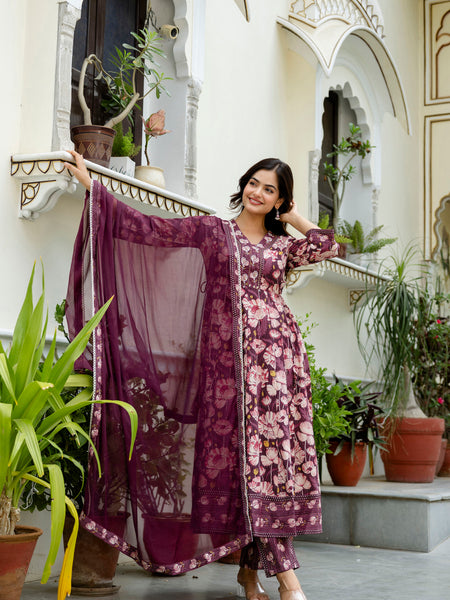 EthniFlair Floral Embroidered Anarkali Kurta with Pyjamas & Dupatta