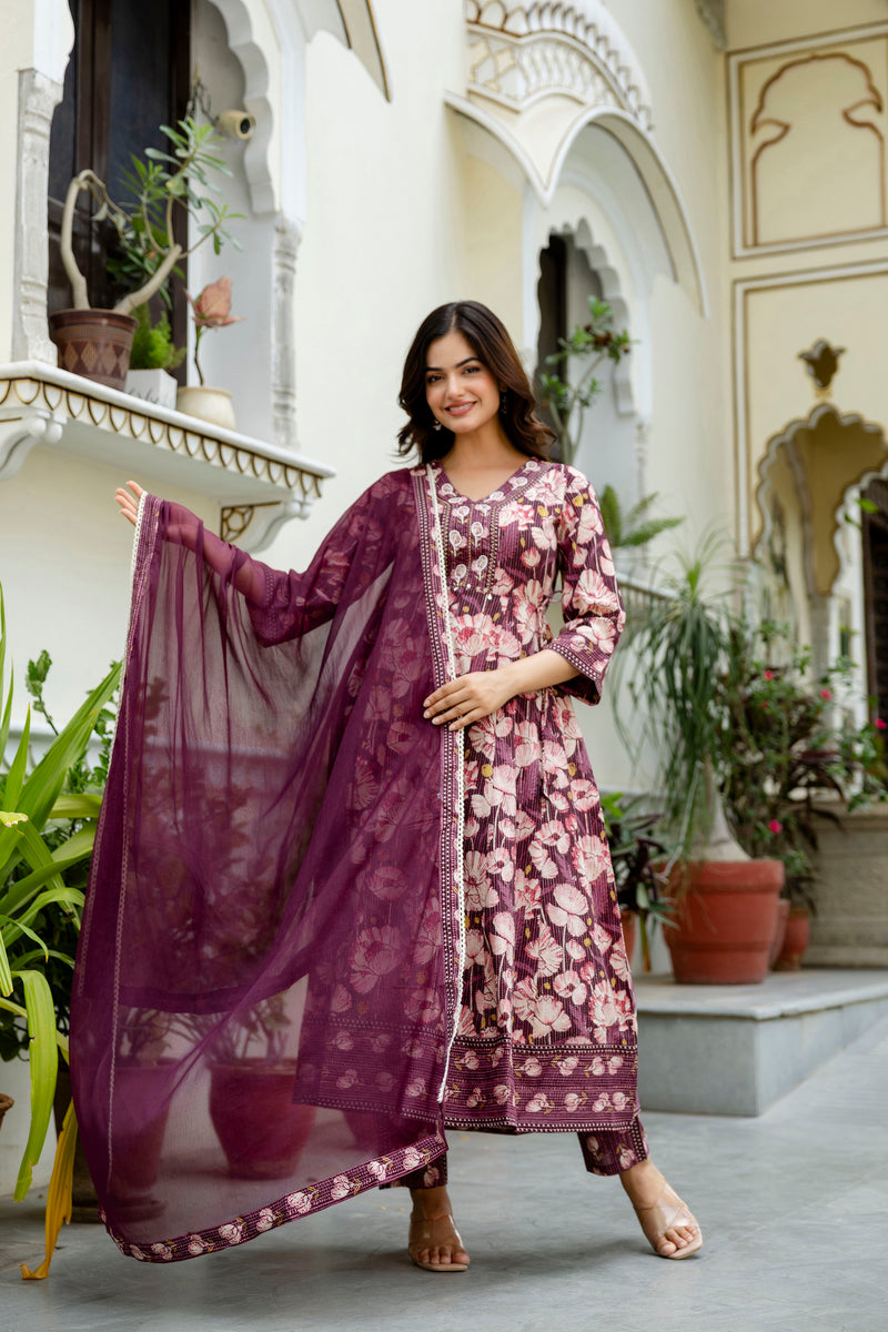 EthniFlair Floral Embroidered Anarkali Kurta with Pyjamas & Dupatta