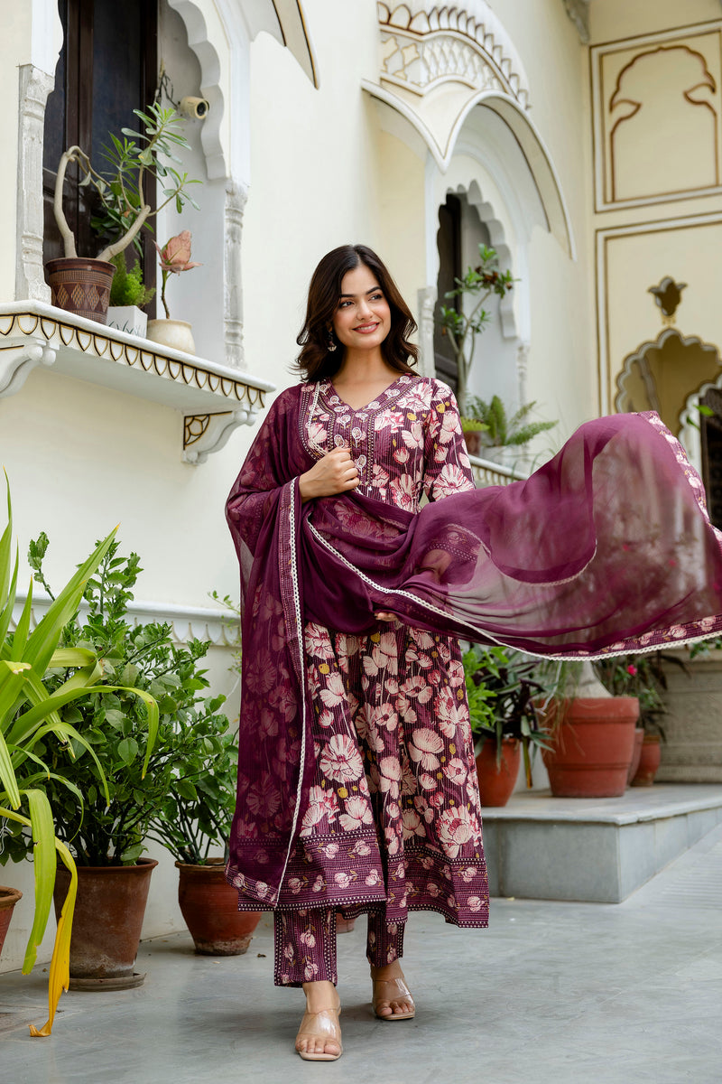 EthniFlair Floral Embroidered Anarkali Kurta with Pyjamas & Dupatta