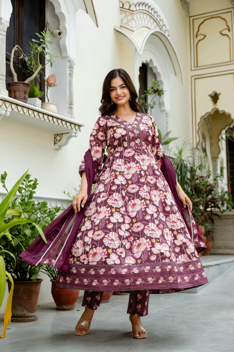 EthniFlair Floral Embroidered Anarkali Kurta with Pyjamas & Dupatta