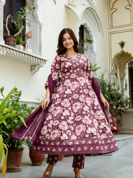 EthniFlair Floral Embroidered Anarkali Kurta with Pyjamas & Dupatta