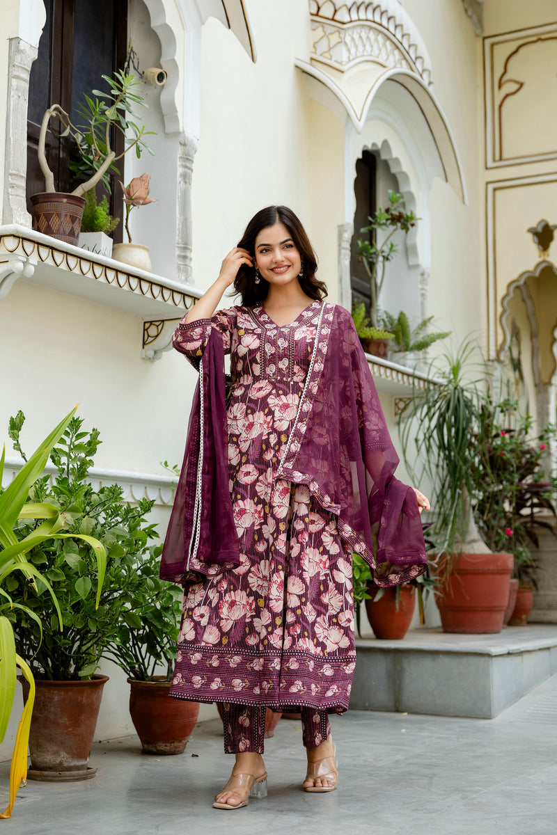 EthniFlair Floral Embroidered Anarkali Kurta with Pyjamas & Dupatta
